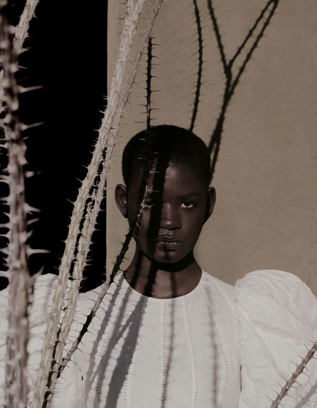 PUFF-SLEEVE DRESS WITH CONTRAST FEATHER-STITCH DETAILING IN GARMENT BEETLED MOONLIT IVORY LINEN Photography Alex Black - Alexander McQueen special, Lampoon Issue 20