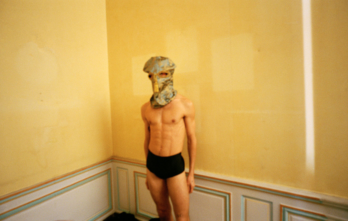 MASK CUSTOM MADE WITH RUBELLI TEXTILES, SHORTS STYLIST'S ARCHIVE Photography Jonathan Hallam - Lampoon Issue 20