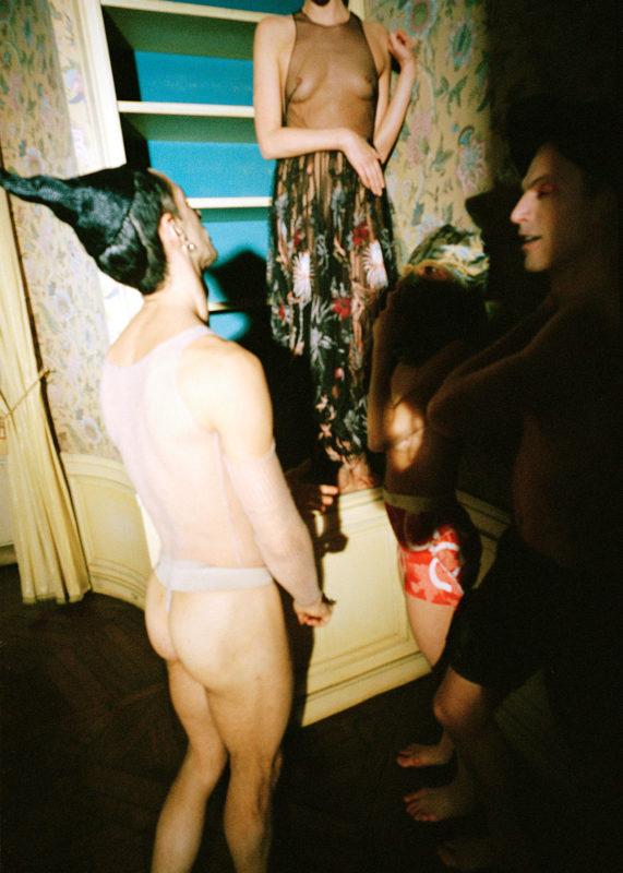 FROM LEFT, HAT LAURENCE BOSSION, TOP AND SLEEVES KHANH BRICE NGUYEN, DRESS DIOR, MASK CUSTOM MADE WITH RUBELLI TEXTILES, SHORTS VIVIENNE WESTWOOD Photography Jonathan Hallam - Lampoon Issue 20