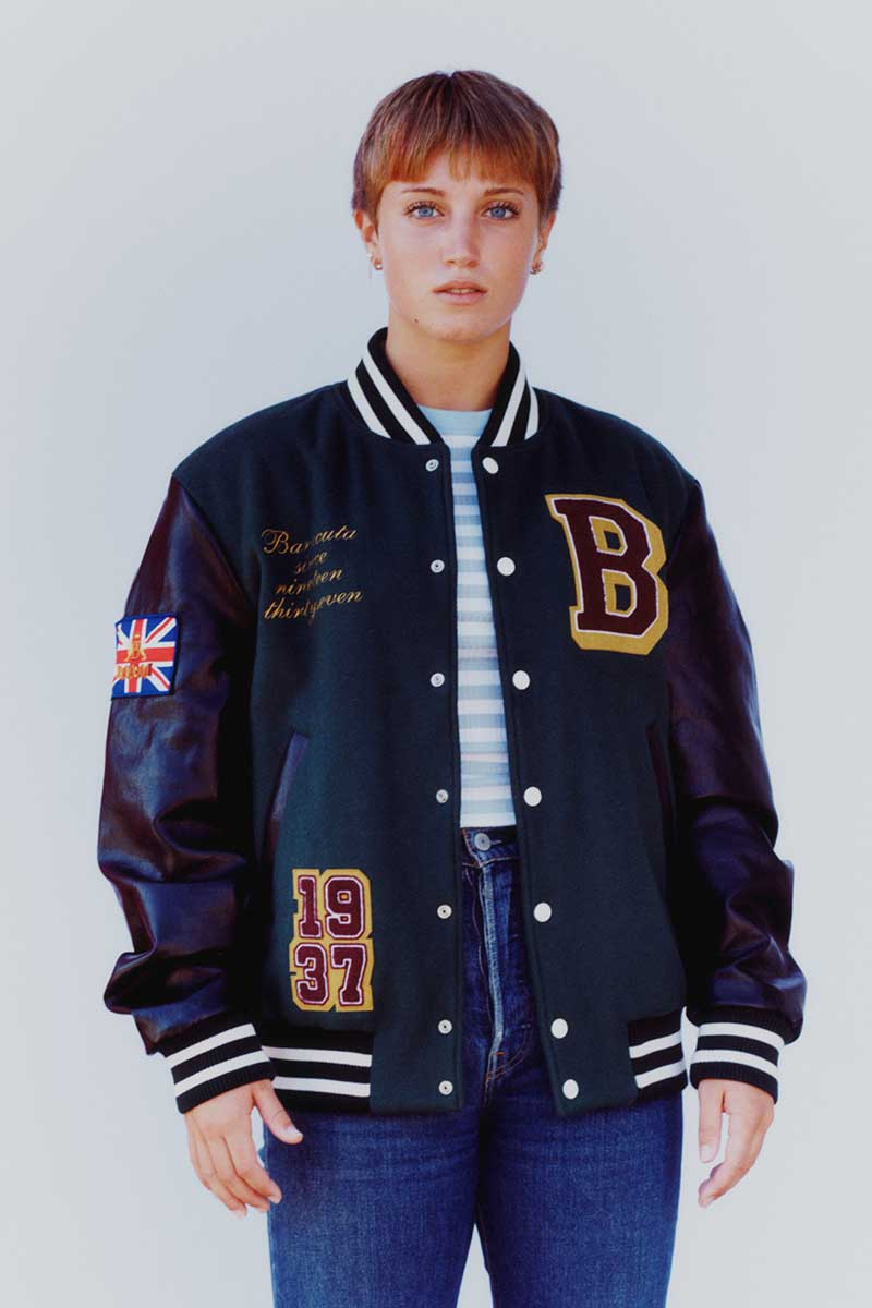 Photography Florence Mann Varsity jacket with leather sleeves and customized patches Baracuta, Lampoon